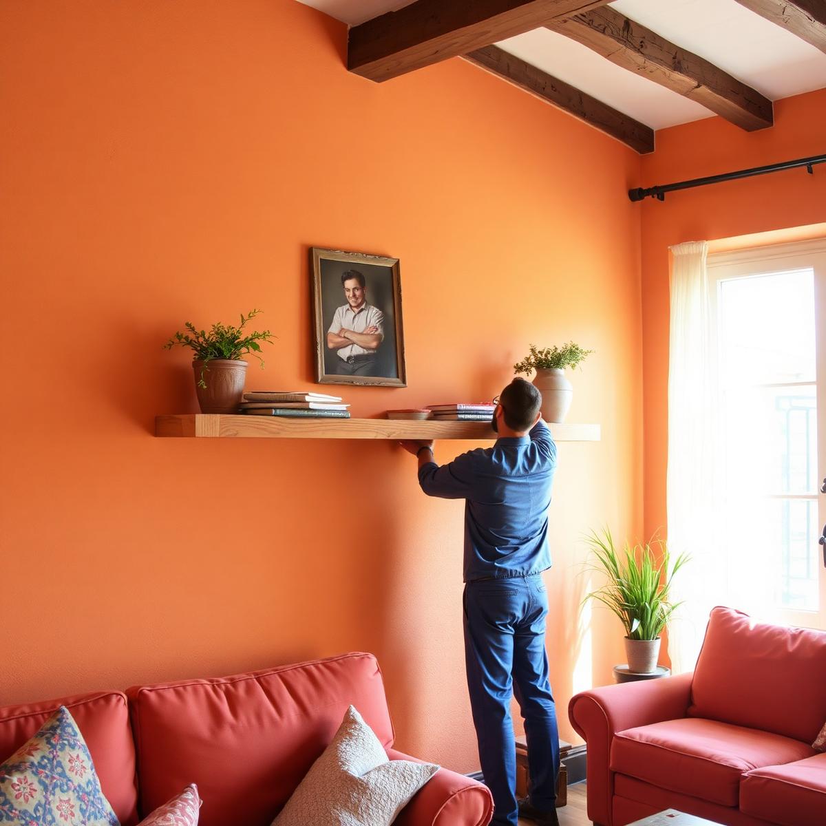 Técnico montando una estantería en un salón